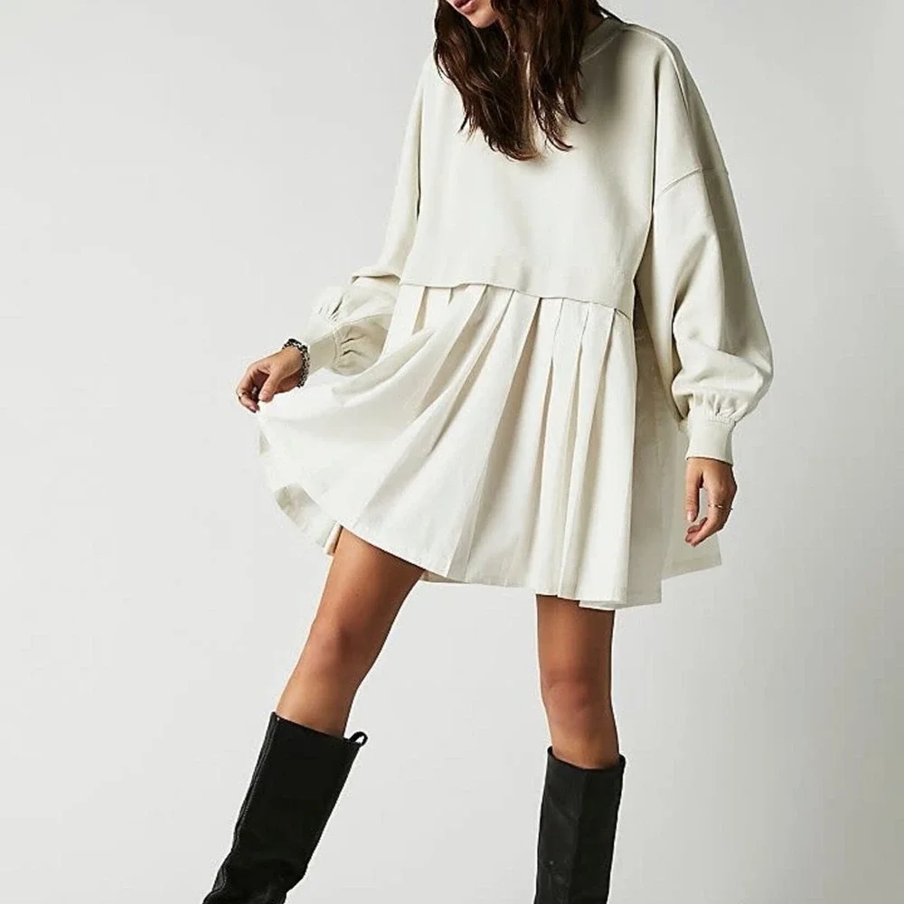 Free People Size Small Eleanor Sweatshirt Tunic Dress Ivory White Boho Lagenlook